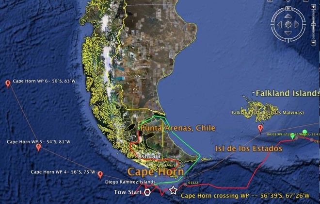 Red line shows first attempt to get round the Horn and the tow, green line shows the second, successful attempt to round the Horn - Saito-san will now sail south west in the Magellan Strait to start from the point where he left off © SW
